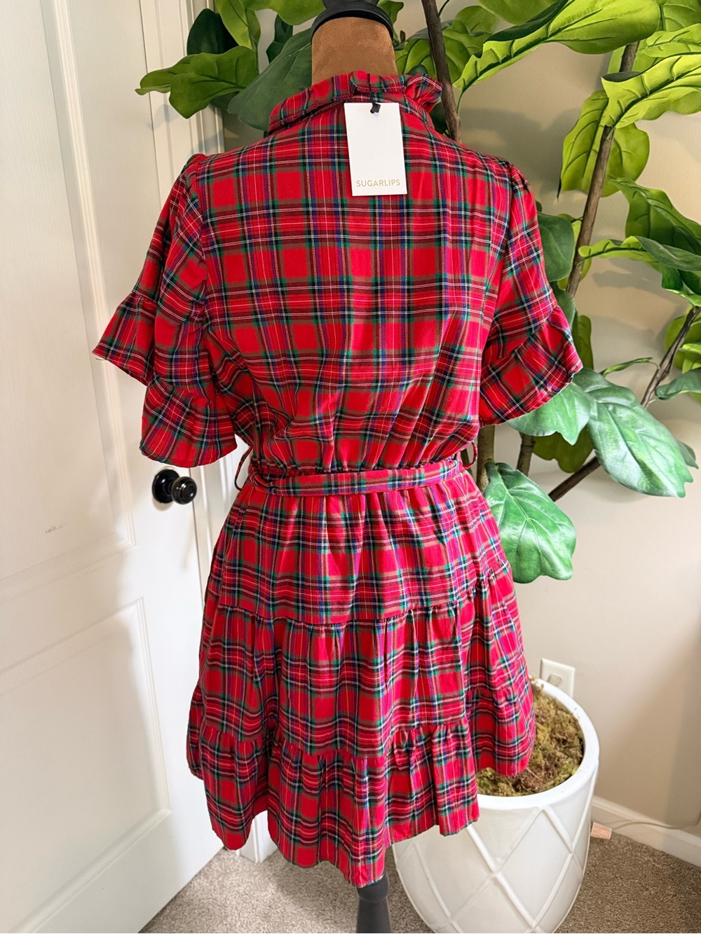 Sugarlips Red Plaid Ruffle Button-Front Mini Dress - Picture 3 of 8